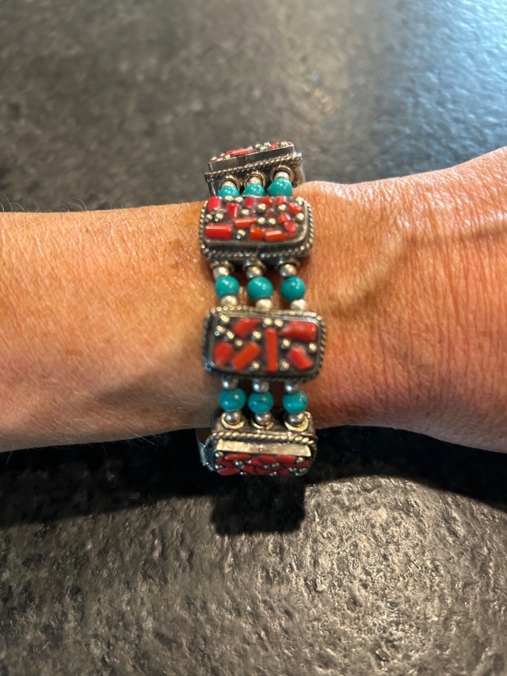 NWOT Turquoise and Coral Beaded Sterling Silver Plated Bracelet